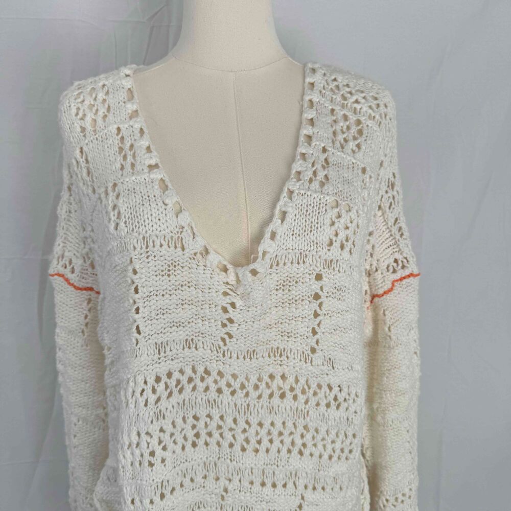 Free People White Sweater Crochet Chunky Knit Oversized Cottagecore Boho Hippie - Picture 10 of 16